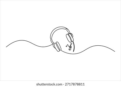 Continuous one line drawing of headphones with a musical note. Minimalist artistic design for audio, podcast, and music on white background.