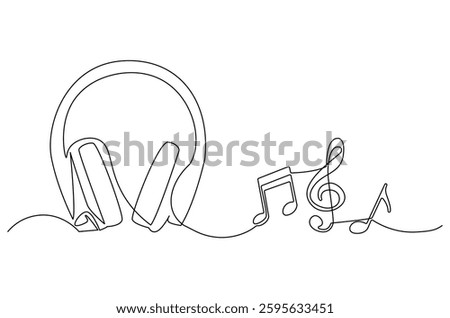 Continuous one line drawing of Headphones with musical note. Single line drawing illustration of musical notes and headphones for web design. music concept vector art. Doodle line illustration.
