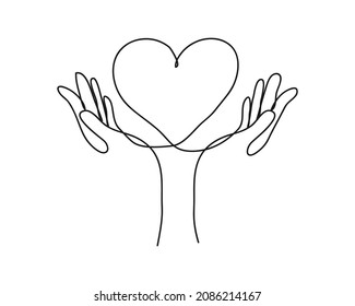 Continuous one line drawing  Health care hands holding heart  design poster art print  vector illustration