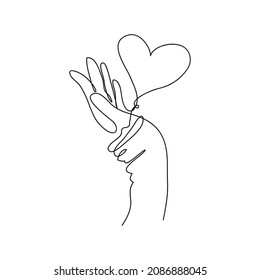 Continuous One Line Drawing, Health Care Hands Holding Heart. Design Poster Art Print. Vector Illustration