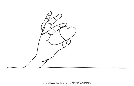Continuous one line drawing, Health care hands holding heart. design poster art print. vector illustration