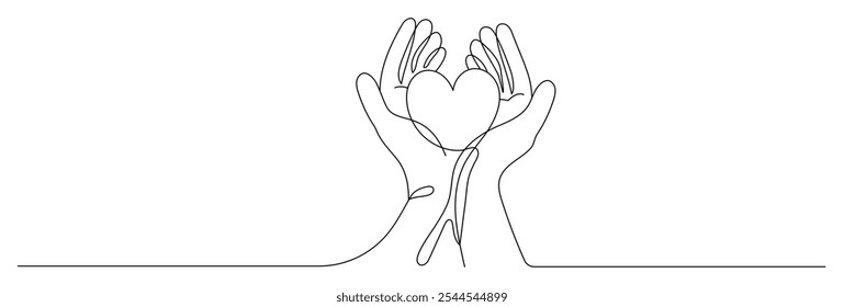 Continuous one line drawing, Health care hands holding heart. design poster art print. vector illustration