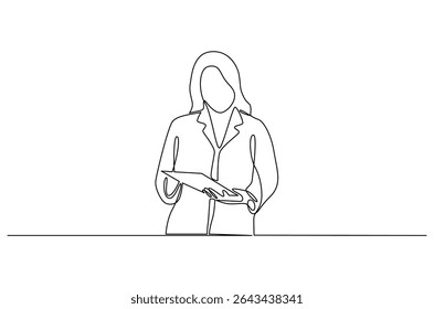 Continuous one line drawing of Healthcare with digital screen. Single line drawing illustration of Woman doctor healthcare. Medical online healthcare concept vector art. Doodle line illustration.