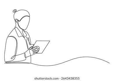 Continuous one line drawing of Healthcare with digital screen. Single line drawing illustration of Woman doctor healthcare. Medical online healthcare concept vector art. Doodle line illustration.