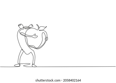 Una línea continua dibujando un órgano cardíaco sano y en forma sosteniendo una manzana grande de comida sana. Salud del sistema cardiovascular. Poder y fuerza del órgano cardiaco. Ilustración vectorial de diseño de líneas simples