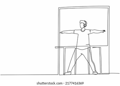 Continuous one line drawing healthy man with headphone practices yoga near window or balcony. Sports activity, workout, exercise, fitness, indoors, stay at home. Single line design vector illustration