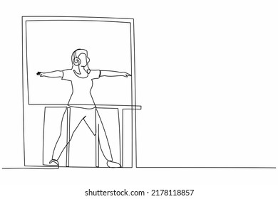 Continuous one line drawing healthy young woman with headphone practices yoga near window in balcony. Sports activity, workout, exercise, fitness, indoors. Single line draw design vector illustration