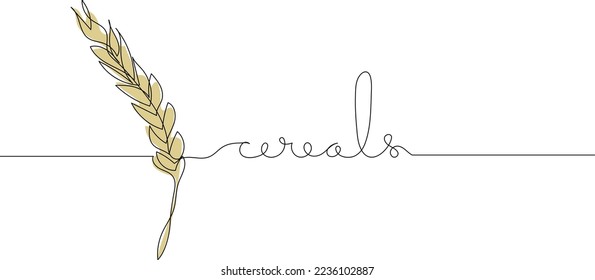 Continuous one line drawing of healthy wheat ear grain with text Cereals. Minimalist wheat line art. Vector illustration.