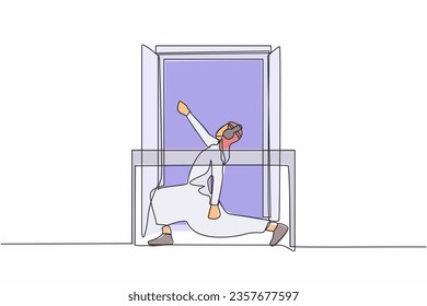 Continuous one line drawing healthy Arabian man with headphone practices yoga near window or balcony. Sports activity, workout, exercise, fitness, indoors. Single line draw design vector illustration