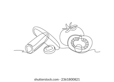 Continuous one line drawing Healthy food concept. Vegetables, fruits and milk. Doodle vector illustration.