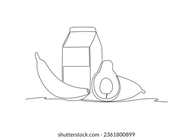Continuous one line drawing Healthy food concept. Vegetables, fruits and milk. Doodle vector illustration.