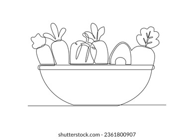 Continuous one line drawing Healthy food concept. Vegetables, fruits and milk. Doodle vector illustration.