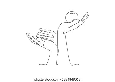 Continuous one line drawing Healthy vs unhealthy food. food nutrition concept. Doodle vector illustration.