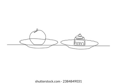 Continuous one line drawing Healthy vs unhealthy food. food nutrition concept. Doodle vector illustration.