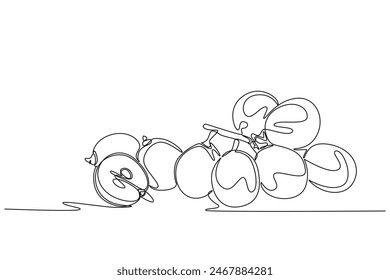 Continuous one line drawing healthy sweet organic grapes for vineyard logo identity. Fresh tropical fruitage concept for fruit orchard garden icon. Single line draw design vector graphic illustration