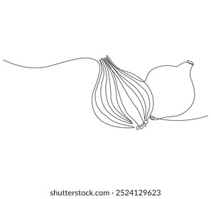 Continuous one line drawing of healthy organic onion. Fresh common onion concept vegetable icon, single line hand drawn style design illustration, Editable outline.
