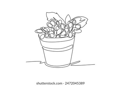 Continuous one line drawing heap healthy organic goji berries on basket for orchard logo identity. Fresh gojiberry fruitage for fruit garden icon. Single line draw design vector graphic illustration