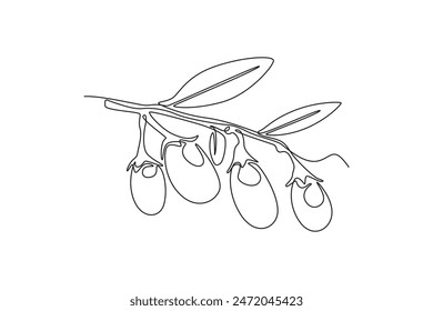 Continuous one line drawing of heap healthy organic goji berries on tree stalk for orchard logo identity. Fresh gojiberry fruitage for fruit garden icon. Single line graphic design vector illustration