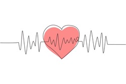 Continuous One Line Drawing Heart Pulse Logo Icon. Red And White Colors. Heartbeat Lone, Cardiogram. Beautiful Healthcare, Medical Background. Single Line Draw Design Vector Graphic Illustration