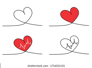 Continuous one line drawing of heart isolated on white background. Creative vector illustration for banner, template, poster, web, app, valentine's card and wedding. Set of black thin line images.