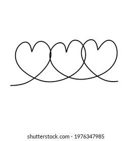 Continuous one line drawing of heart. Symbol of love scribble hand drawn minimalism of three hearts, artistic lineart with pencil texture. 