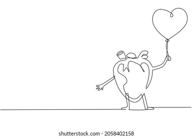 Continuous One Line Drawing Heart Organ Mascot Holding Balloon With Love Shape For Celebration Party. Health Of Cardiovascular System. Power And Strength Of Heart Organ. Single Line Draw Design Vector