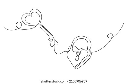 Continuous one line drawing of a heart shaped lock and key. Vector illustration