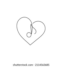 Continuous one line drawing. Heart and music note