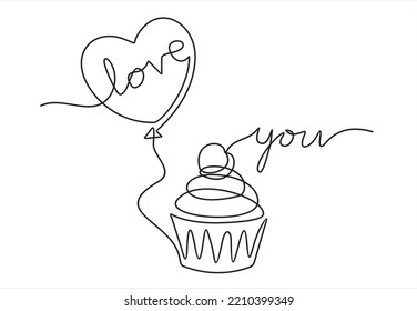 Continuous one line drawing of heart balloon and Cupcake with decoration and cherry . Concept of birthday, valentine's day. 