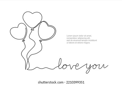 Continuous one line drawing of heart balloons with inscription  "love you". Concept of birthday, valentine's day. 