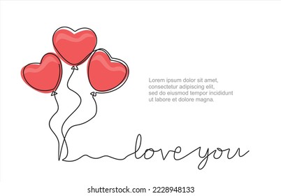 Dibujo continuo de una línea de globos cardíacos con la inscripción "te amo". Concepto de cumpleaños, día de San Valentín. 