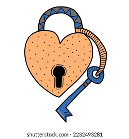 Dibujo continuo de una línea de un candado con forma de corazón y una llave. Ilustración del vector