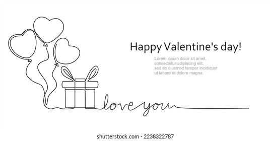 Continuous one line drawing of heart balloons with inscription  "love you". Concept of birthday, valentine's day. 