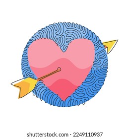 Corazón de dibujo continuo de una línea con estilo de doodle de icono de flecha. Ilustración vectorial. Logo de decoración romántica. Estilo de fondo del círculo de redondeo giratorio. ilustración vectorial de diseño de línea única