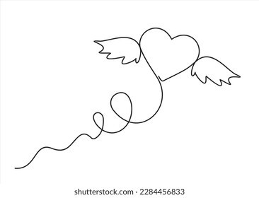 Continuo dibujo de una línea de corazón con alas. 
