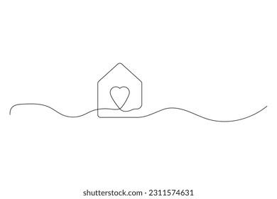 Continuous one line drawing heart inside house, Love and family symbol. Minimalist contour made of single thin line Vector illustration.