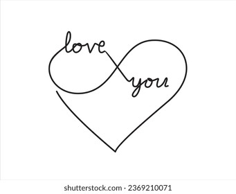 Continuous one line drawing of heart infinity with inscription  "love you". Concept of valentine's day. 