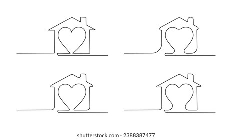 Continuous one line drawing heart inside house, Love in family symbol. vector illustration