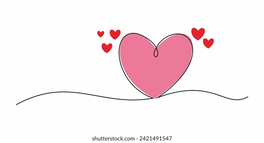 Continuous one line drawing heart icon with watercolor spot. Holiday card, romantic, wedding design elements. Symbol of love.