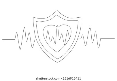 Kontinuierliche einzeilige Darstellung des Herzpulses im Schild, Krankenversicherungskonzept, einzeilige Darstellung.