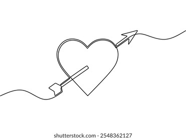 Continuous one line drawing of a heart pierced by an arrow, symbolizing love and passion.