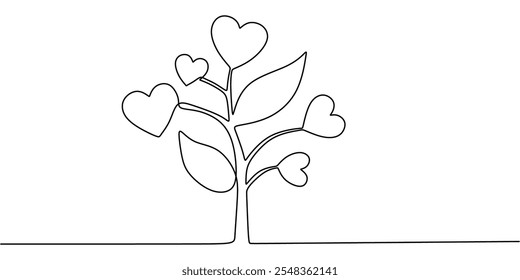 Desenho contínuo de uma linha de um coração emergindo de uma planta, representando o amor florescendo e florescendo.