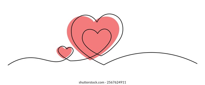 Continuous one line drawing of a heart within another heart, featuring soft pink shapes. Ideal for Valentines Day projects, romantic cards, and modern graphic designs. Editable stroke