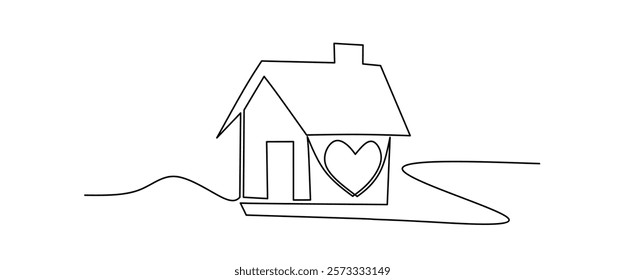 Continuous one line drawing heart inside house, Love in family symbol. Minimalist contour vector illustration made of single thin line black and white