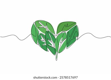 Continuous one line drawing heart shape made up of leaves. Symbolism of the earth loves green plants. Caring for the earth. Environmental. Greenery Day. Single line draw design vector illustration