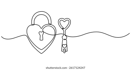 Continuous one line drawing of a heart shaped lock and key. Vector illustration, Continuous line drawing. Lock and key. Heart shape. Valentine's day. Template for love cards and invitations. Isolated.