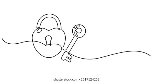Continuous one line drawing of a heart shaped lock and key. Vector illustration, Continuous line drawing. Lock and key. Heart shape. Valentine's day. Template for love cards and invitations. Isolated.