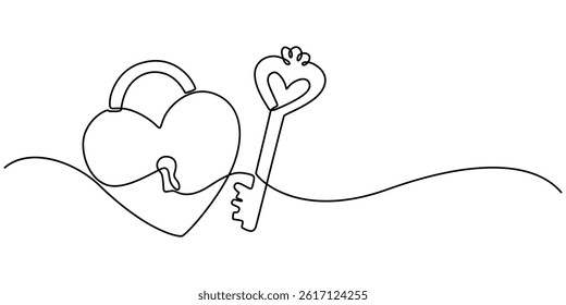 Continuous one line drawing of a heart shaped lock and key. Vector illustration, Continuous line drawing. Lock and key. Heart shape. Valentine's day. Template for love cards and invitations. Isolated.
