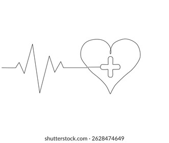 Continuous one line drawing of heart with heartbeat. One line drawing illustration of heartbeat wave. World hypertension day concept single line. Editable outline
