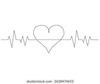 Continuous one line drawing of heart with heartbeat. One line drawing illustration of heartbeat wave. World hypertension day concept single line. Editable outline
